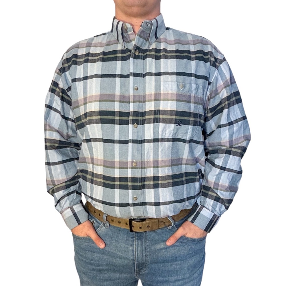 Wrangler blue plaid 20X button down long sleeve collar western shirt green navy